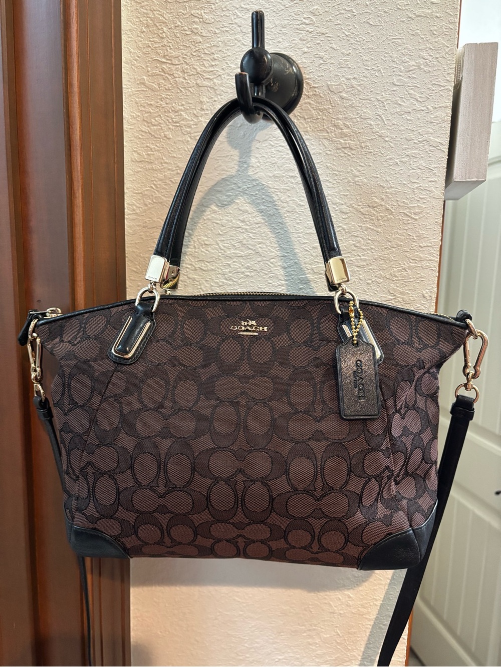 Coach Dark Brown Signature Canvas Tote with Black Trim